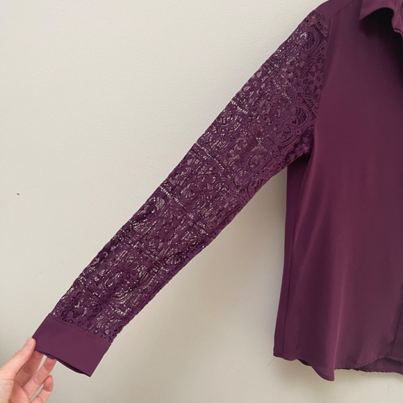 LOFT Plum Crochet Sleeve Button-Up - Picture 4 of 11